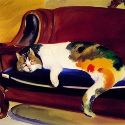 oil portrait of tricolor pattern Cat sleeping in a sofa by Joaquín Sorolla 8k