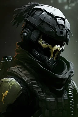 A soldier in the game Titan Fall 2 , he wears a BLACK skull helmet that covers his face, he is a rifleman, and his callsign is Titan. His colors are black and dark olive