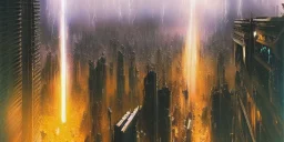 Art by John Berkey and John Harris, lush, Cenral Park New York 2077 in the middle of high rise buildings, trending on Artstation, bird's eye view, extremely hyperdetailed, epic composition, cinematic lightning + masterpiece, sharp focus, epic composition