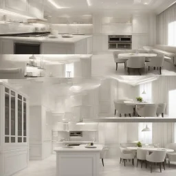 hotel kitchen, modern classic style, white colors, 3d