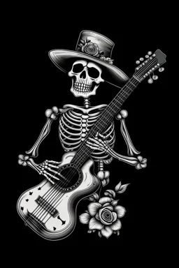 Skeleton wearing a sombrero, Hugging a guitar in a Coffin, black roses as decoration, black and white graphic art