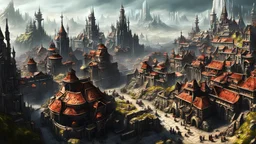 HD Fantasy City teeming with life in the style of Warhammer 40k