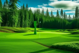 A green golf field with clovers and a windmill designed in pacific Northwest totem poles