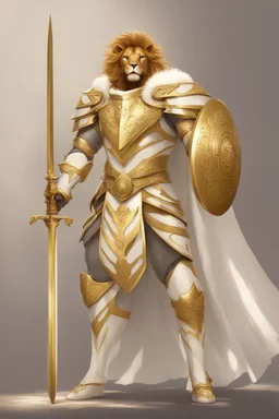 Lion man knight wearing white and gold armor, wearing a white and gold cape, holding a large sword and shield