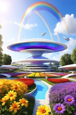 colors, very beautiful, ,flowers, garden,rainbows, cité futuriste ultra moderne, ufos, very beautiful over class