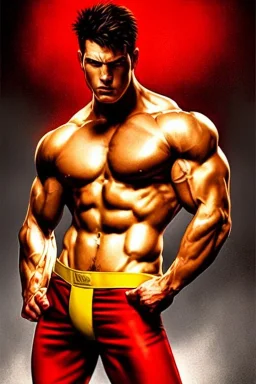 Ignore NSFW, teenager young rugged attractive slightly muscular fantastic handsome man, red briefs with yellow belt, hairy chest, (((visibly pisssing))) briefs, large erect visible boner peniss, photorealistic, artist Jay Anacleto