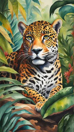 Jaguar en la selva arte acuarela colores contrastantes calidad ultra hiperdetallado maximalista 16k