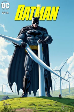 dc comics cover, giant batman holding an entire wind turbine, wind farm in the background, very high quality, highly detailed, 4k