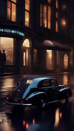 90s car,rain,reflections,4k,raytracing,night,driving,1940s london background