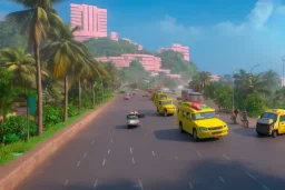 cyberpunk, ghana flag, ghana taxi, ghana bus, village, 8k quality