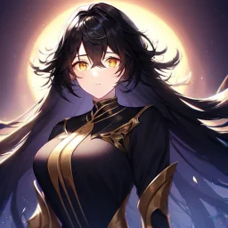 girl, masterpiece, best quality, volumetric lighting, detailed outfit, perfect eyes, black hair, golden eyes, long hair, messy hair,