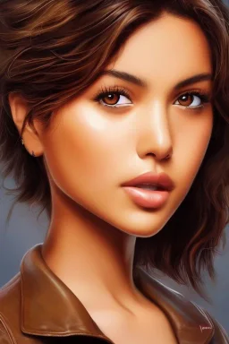 pristine full face portrait of beautiful natural isabela moner, au naturel, sexy, smirking, intricate, elegant, detailed light brown eyes, leather jacket, digital painting, artstation, concept art, smooth, sharp focus, illustration, pivot on face, art by omar ortiz