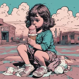 Little girl who has dropped an ice cream cone on ground and is looking at it sadly, by FAILE, artistic, profound, dramatic, digital illustration