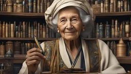 elderly female market trader selling all kinds of traditional stationery, fountain pens, ink, rulers, and mathematical equipment, showing his head and upper body, perfect eyes, perfect anatomy, exquisite composition, beautiful detailed intricate detailed octane render, 8k artistic photography, photorealistic, soft natural volumetric cinematic perfect light, chiaroscuro, award-winning photograph, masterpiece, raphael, caravaggio, bouguereau