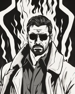 a young man with big muscles who looks like hans gruber wearing a heavy coat and red sunglasses staring with an irritated look on his face standing in front of a large fire