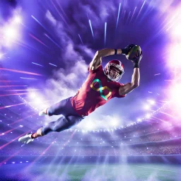 colourful rounded infinity symbol ∞ on shirt, American football player diving with an American football in both hands to score, striking, vibrant, chiaroscuro, dramatic, captivating, powerful, fantasy, beautiful, octane render, 16k post-production, artstation: award-winning: atmospheric: commanding: fantastical: clarity: ultra quality: striking: brilliance: stunning colors: amazing depth; lens: f/11, 35mm