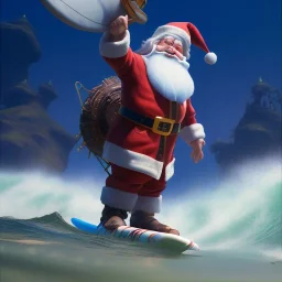 Santa standing of surfboard surfing a big wave, surfboard, beach, character design by cory loftis, fenghua zhong, ryohei hase, ismail inceoglu and ruan jia. unreal engine 5, artistic lighting, highly detailed, photorealistic, fantasy