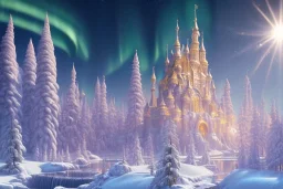  white and gold crystal castle，waterfall, winter snow flakessnow, northern Lights, full of details, smooth, bright sunshine，soft light pink atmosphere, light effect，vaporwave colorful, concept art, smooth, extremely sharp detail, finely tuned detail, ultra high definition, 8 k, unreal engine 5, ultra sharp focus