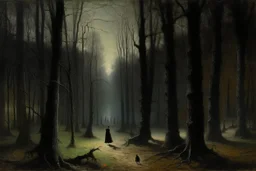 A black dark forest with dead trees and shadow puppets painted by George Inness