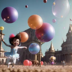 Ultra realistic circus scene. Sweet hair monster and Child’s playing, smile, happy, color bubbles, smooth color, waist up view, Wes Anderson style, dark ambient, highly detailed, concept art, unreal engine 5, god rays, ray tracing, RTX, lumen lighting, ultra detail, volumetric lighting, 3d, finely drawn, high definition, high resolution.