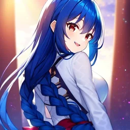 girl, masterpiece, best quality, volumetric lighting, detailed outfit, perfect eyes, blue hair, red eyes, long hair, laughing, braided ponytail, looking back,