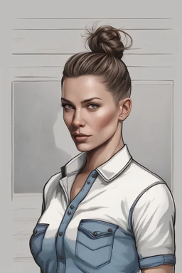 a very muscular female mother dressed polo t-shirt and blue jean pant with hair styled into a professional bun with a very masculine body structure with a flat chest and standing with hands in pocket facing front in a photorealistic picture