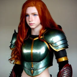 realistic, hyper detailed, stunningly beautiful 16 year old teen girl, long ginger hair, green eyes, medium freckles, full lips, revealing leather armour, full body and head, c-cup breasts, stern expression, full frame, petite, ignore NSFW, shortbow, quiver on hip, sexy