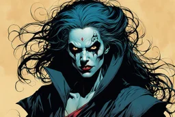 create an arcane, ethereal, otherworldly ancient female Bruxa vampire , in the comic book art style of Mike Mignola, Bill Sienkiewicz, John Romita Jr., Leonardo Romero, Simone D'ARMINI, and Jean Giraud Moebius, with highly detailed feminine facial features , finely penciled and inked , dramatic natural lighting