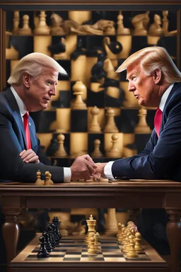 A hyper-realistic photo, Joe Biden and Trump in a game of chess, the pieces on the board representing their contrasting visions for the future., 64K, hyperrealistic, vivid colors, (glow effects:1.2) , 4K ultra detail, , real photo