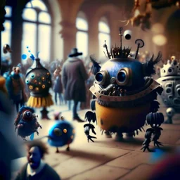 10 crazy chatbot creatures, in the internet web, in the style of Jan Steen combined with Hendrick Avercamp, blurred people in the background, shallow depth of field, where only some elements in the image are in sharp focus –ar 2:1