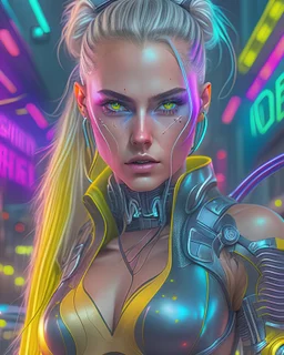 Digital masterpiece of cyborg girl, mechanical eyes, implants, wires, chrome, blonde pigtails, highly detailed, 8k,upper body shot, yellow duster, cyberpunk street in the background, cyberpunk, cars, synthwave, neon lights, realistic, photo, ultra realistic, realistic lighting, ultra detailed background