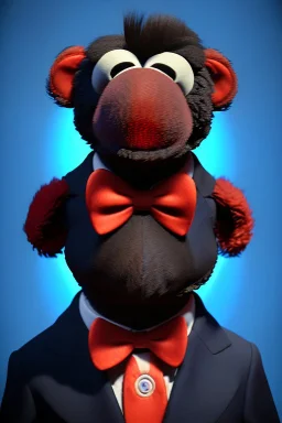 Waist up muppet Portrait, Xi Jinping as muppet doll, black suit and red tie, photo studio, blue background, unreal engine 5, concept art, art station, god lights, ray tracing, RTX, lumen lighting, ultra detail, volumetric lighting, 3d.