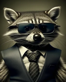 Wearing a suit, domineering, raccoon, wearing sunglasses, full of charm, texture, perfect details,