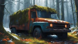 winter, a decayed truck in a forest, rust, moss flowers, vines, Digital illustration, very vibrant colors, soft lighting, adventurous, atmospheric lighting, 8K, octane render, By Makoto Shinkai, Stanley Artgerm Lau, WLOP, Rossdraws, warriors fan art, James Jean, Andrei Riabovitchev, Marc Simonetti, krenz cushart, Sakimichan, D&D trending on ArtStation, digital art