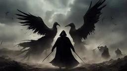 Surreal and dark scene with a large ominous bird-like figure wearing a black cloak and plague doctor mask in the middle, side view, up in the sky in a hurricane and looking down, where two armored knights are fighting in the foreground of the battlefield