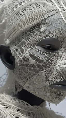 A hyperrealistic shot of a queen of the African tribes all in white head out of a white spider web, intricate details, soft natural light, screen captured from 4K Blu-ray. All white background