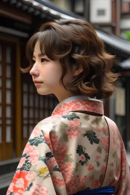 Femme 16 ans, cheveux marron, cheveux bouclés, cheveux court, au Japon en kimono de dos