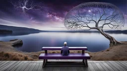 back to the camera on unique amorphe bench a non bynare human figure sitting, a beautiful landscape and overlooking the water of the nearby lake, calm, harmonious atmosphere, muted dark colors, purple, white, gray, brown, silver, blue, pale colors, , not too colorful colors, Whimsical style and giant stunning neuron network all over the sky surreal stunning vibe