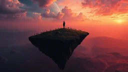 one alone human stands on deep dark colors little floating island. the island floatings over colors landscape . normal neurotipical lifes contrast the weird inner world with neurodivergens soul and mind,, Whimsical strange style of Chagall, of Bosch of giger and Anton Semenov. weird absurd beauty nightmare, in background neuronic network and with many little humans on eart, Whimsical surreal vibe, cinematic