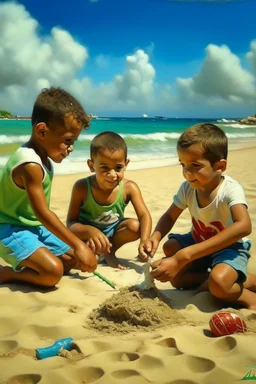 cuban little boys on the beach playing in the sand painting