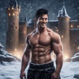 Hyper realistic Extremely Handsome shirtless muscular king smiling & Standing with short black hair outside huge castle at dark & heavy snowfall night