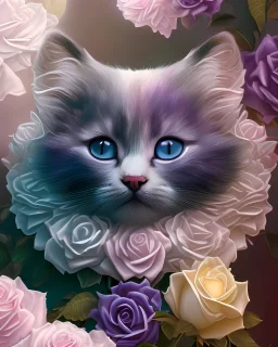 Ultra realistc natural baby cat in white dress with white hair. Around lilac, indigo, bianco giallo and pink natural roses. White backgroung. An intricate detailed white 3D paper patchwork, crown, diadem, fantasy, rose tones, beautiful