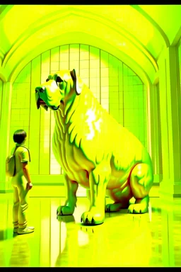 humans obey front of the huge yellow-white big dog, myistic atmhosphare. Realistic, render, 4k