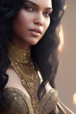 A portrait of a beautiful curvaceous black woman with long black hair, wearing a black dress with a deep v neck, wizard, magical, ethereal, intricate, realistic lighting. Concept art by wlop. Ultra quality 8k. Ultra Realistic