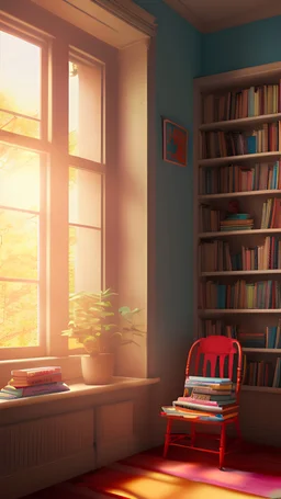 A bright image of Nora's room, where sunlight streams in through the open window, illuminating the colorful book she holds. Vibrant colors reflect her joy, encouraging a relaxed atmosphere for enjoying reading.