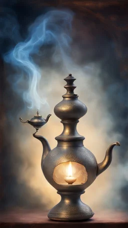 The aladin genie out of an old oil lamp in Smokey ethereal, heavenly background