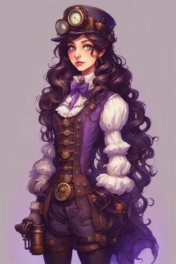 Nutcracker, A girl with long, wavy dark brown hair, purple eyes, dressed in steampunk clothes, stardew, valley style