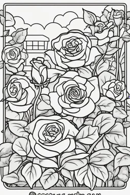 kids coloring page, rose garden, cartoon style, thick lines, low detail, no shading