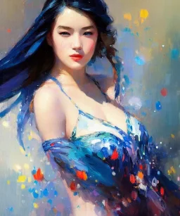 realist impressionist portrait of "The Curious Female" by Ross Tran rework. Masterpiece, best quality, painted impressionist brush strokes. paint drips and drabs and splatters by and by art nouveau and richard schmid . Paint spatters, drips, drabs, dynamic, artstation, artgerm