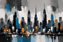 abstract oil painting: city skyline buildings, gray-black-white-blue colors New York. artistic style, by Kal Gajoum style, by Drek Gores